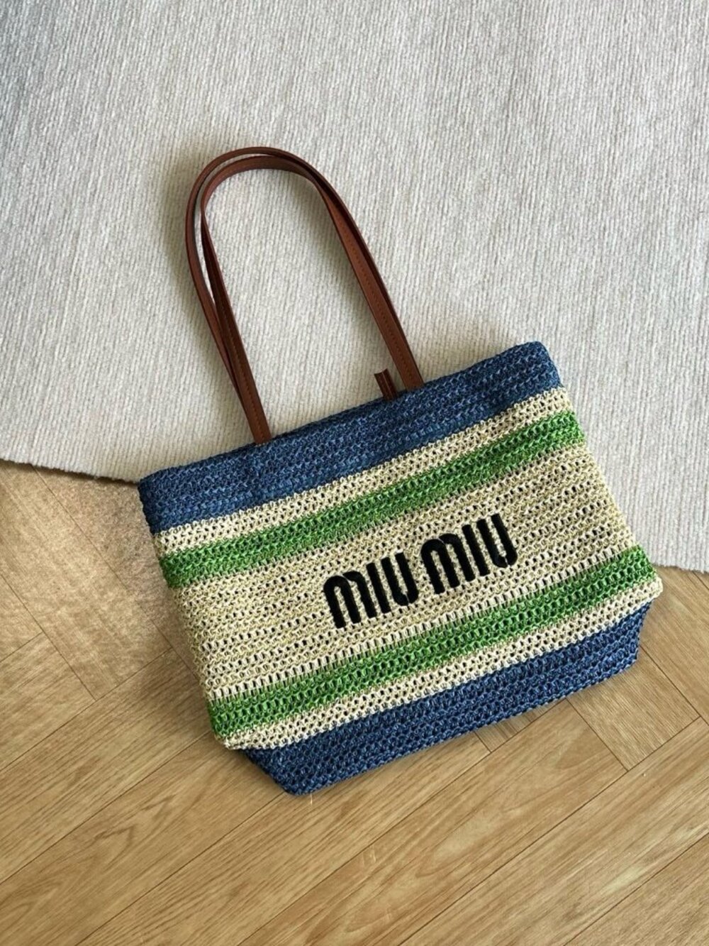 Miu Miu Blue‑Green Striped Woven Tote Bag